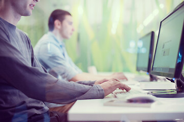 Image showing technology students group working  in computer lab school  class