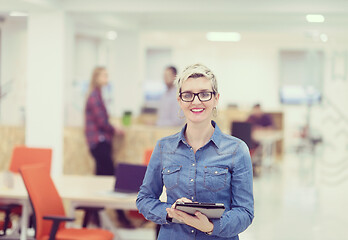 Image showing portrait of young business woman at office with team in backgrou