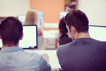 Image showing technology students group working  in computer lab school  class