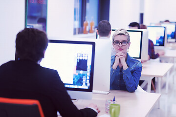 Image showing startup business, woman  working on desktop computer