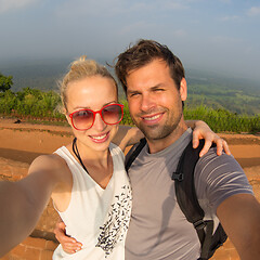 Image showing Young beautiful couple making vacation selfie traveling at Sigiriya Fortres, Lion Rock, Sri Lanka