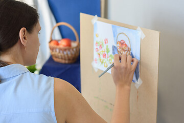 Image showing Novice artist tries to paint still life in the studio