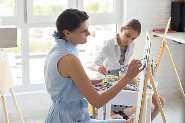 Image showing Concentrated girl draws on easel next to a young girl