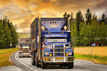 Image showing Tuned Semi Trucks at Sunset