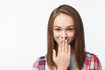 Image showing Closeup of happy smiling teen girl looking at camera