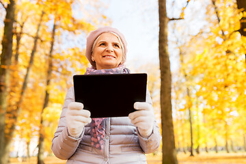 Image showing senior woman with tablet pc at summer park