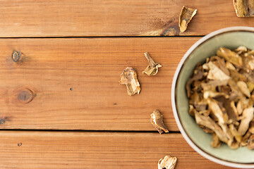 Image showing dried mushrooms in bowl on wooden background