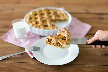 Image showing close up of hand with piece of apple pie on knife