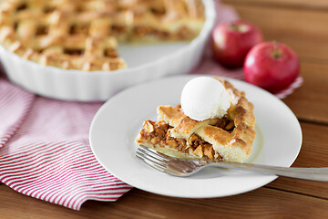 Image showing piece of apple pie with ice cream on plate