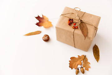 Image showing gift box, autumn leaves, acorns and rowanberry