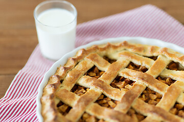 Image showing apple pie in baking mold and glass of milk