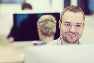 Image showing startup business, software developer working on desktop computer