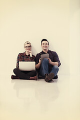 Image showing startup business, couple working on laptop computer at office