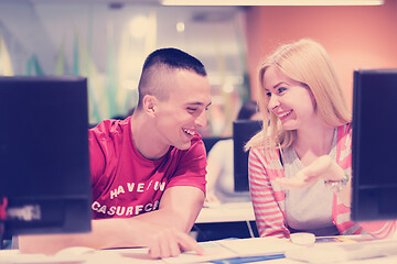 Image showing technology students group working  in computer lab school  class