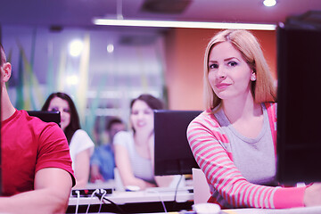 Image showing technology students group working  in computer lab school  class