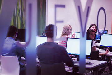 Image showing technology students group working  in computer lab school  class