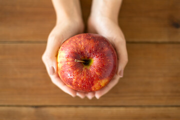 Image showing close up of hands holding ripe red apple