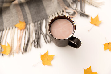 Image showing hot chocolate, autumn leaves and warm blanket