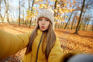 Image showing girl taking selfie making duck face at autumn park