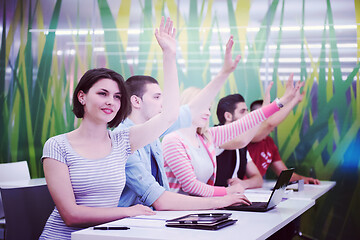 Image showing students group raise hands up