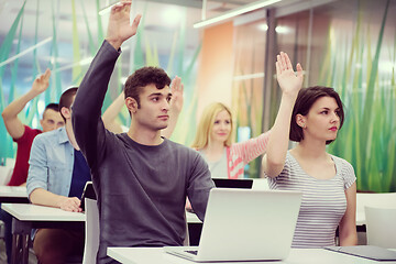 Image showing students group raise hands up