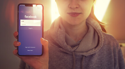 Image showing KYIV, UKRAINE-JANUARY, 2020: Facebook on Mobile Phone Screen. Social Application Concept