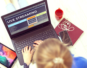 Image showing Evening Education Concept. Live Streaming on Portable Laptop.