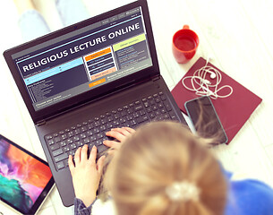 Image showing Post-secondary Learning Concept. Religious Lecture Online on Modern Laptop.