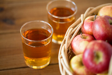 Image showing apples in basket and glasses of juice on table