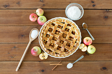 Image showing close up of apple pie on wooden table