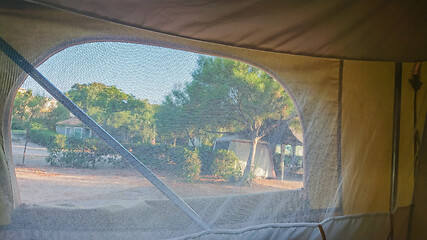 Image showing View from inside of tent in camping