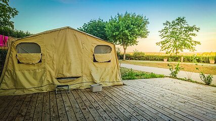 Image showing View to the trailer tent in camping