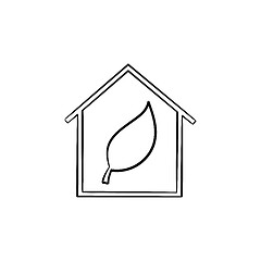 Image showing Ecology friendly house with leaf hand drawn icon.