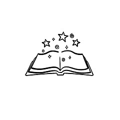 Image showing Open magic book with stars hand drawn sketch icon.