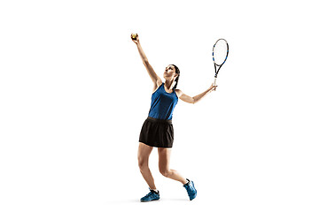 Image showing Full length portrait of young woman playing tennis isolated on white background