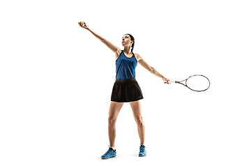 Image showing Full length portrait of young woman playing tennis isolated on white background