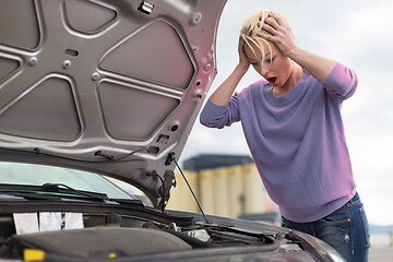 Image showing Stressed Young Woman with Engine Breakdown Car Defect