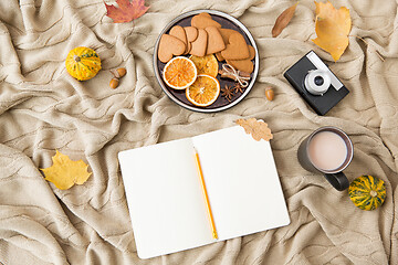 Image showing notebook, hot chocolate, camera and autumn leaves
