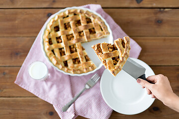 Image showing close up of hand with piece of apple pie on knife