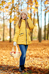 Image showing girl with apples in wicker basket at autumn park