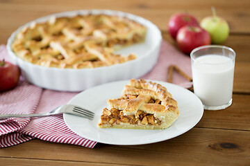 Image showing close up of apple pie and fork on plate