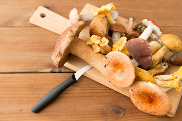 Image showing edible mushrooms on wooden cutting board and knife