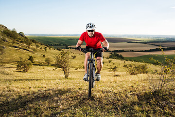 Image showing Young cyclist cycling in the spring meadow