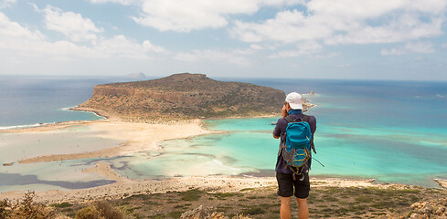 Image showing Tourist taking photo of Balos beach at Crete island in Greece