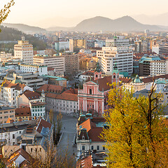 Image showing Panoramic view of Ljubljana, capital of Slovenia, at sunset. Empty streets of Slovenian capital during corona virus pandemic social distancing measures in 2020