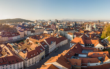 Image showing Panoramic view of Ljubljana, capital of Slovenia, at sunset. Empty streets of Slovenian capital during corona virus pandemic social distancing measures in 2020