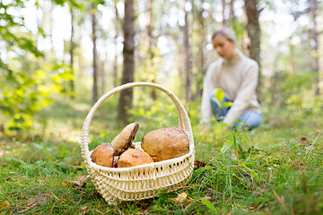 Image showing basket of mushrooms and woman in autumn forest