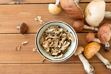 Image showing dried mushrooms in bowl on wooden background