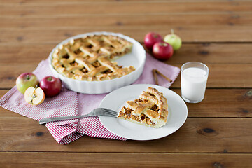 Image showing close up of apple pie and fork on plate