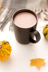 Image showing hot chocolate, autumn leaves and warm blanket